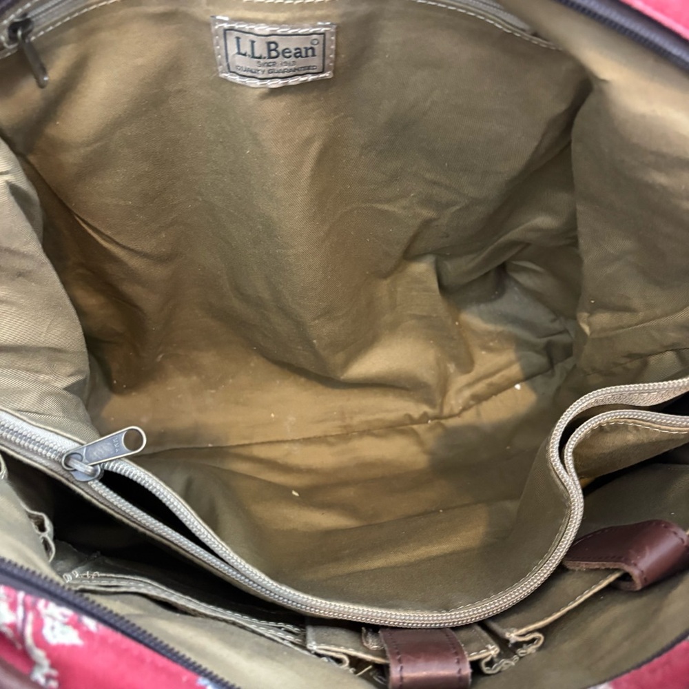 Vintage LL Bean red cotton canvas and leather hunting dog toile print tote bag - Picture 9 of 13